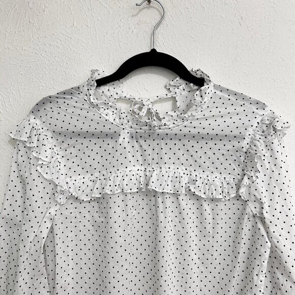 MADEWELL Women’s Mock Neck Ruffle Top in Flocked Dot White Black Polka Dot Sz S - Picture 4 of 11